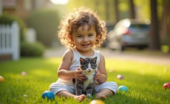 Child with kitten on a lawn