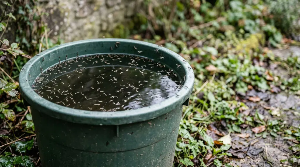 Stagnant water in a backyard with mosquitoes
