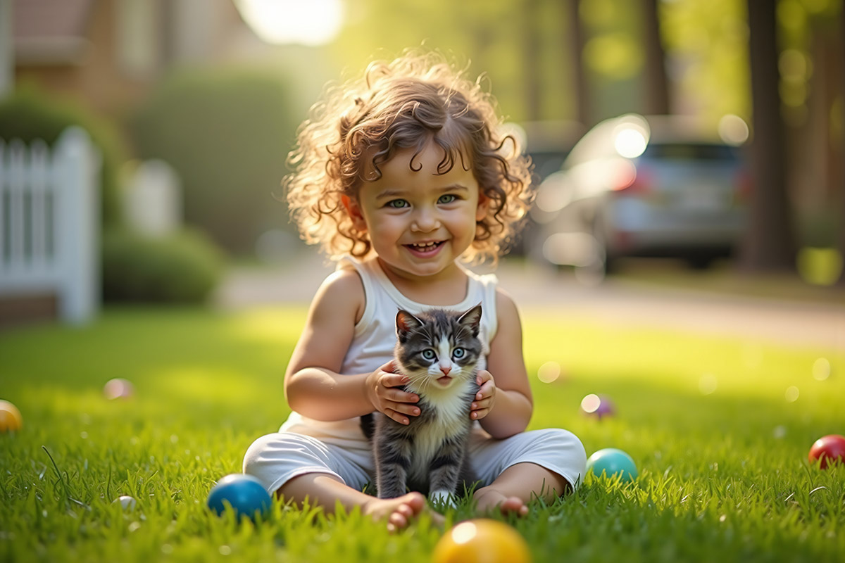 Child with kitten on a lawn