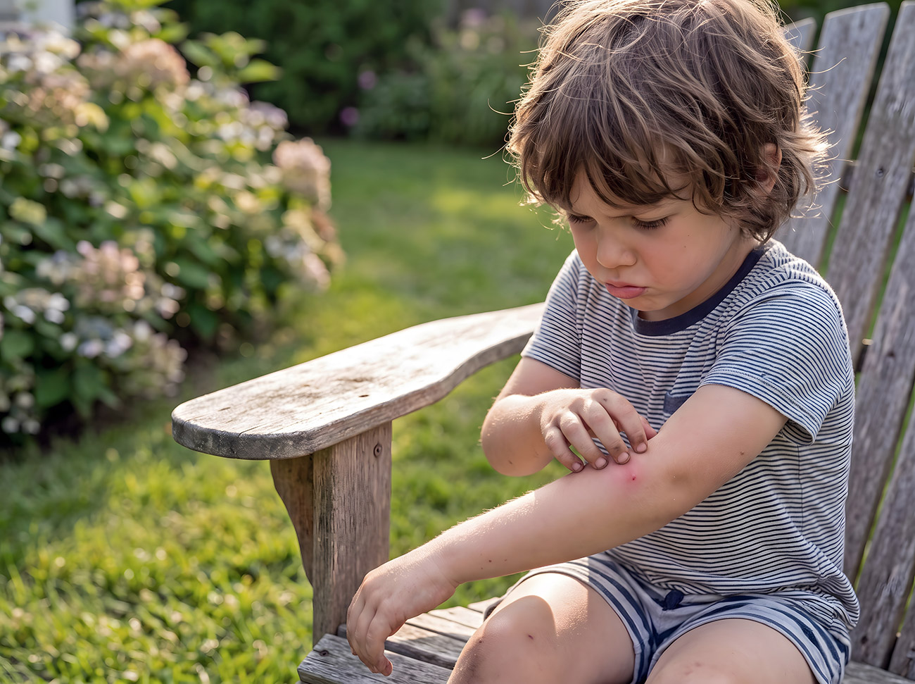 Boy outdoors with mosquitoes