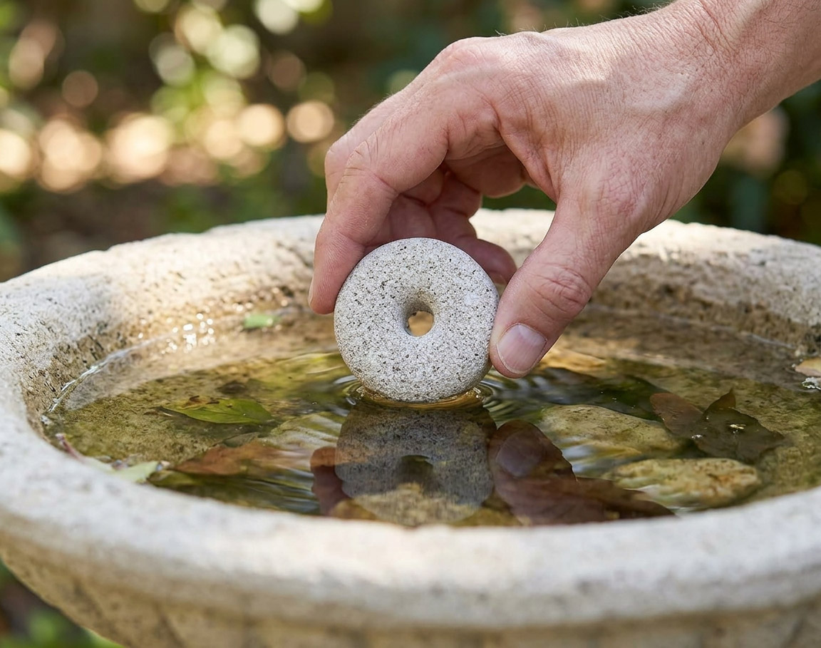 Adding a mosquito dunk into a birdbath